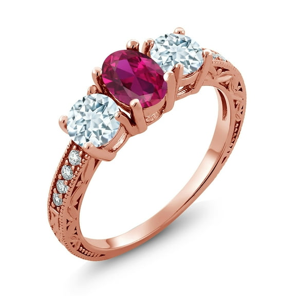 Gem Stone King 1.97 Ct Oval Red Created Ruby Sky Blue Aquamarine 18K Rose Gold Plated Silver Moissanite Ring (Size 5)