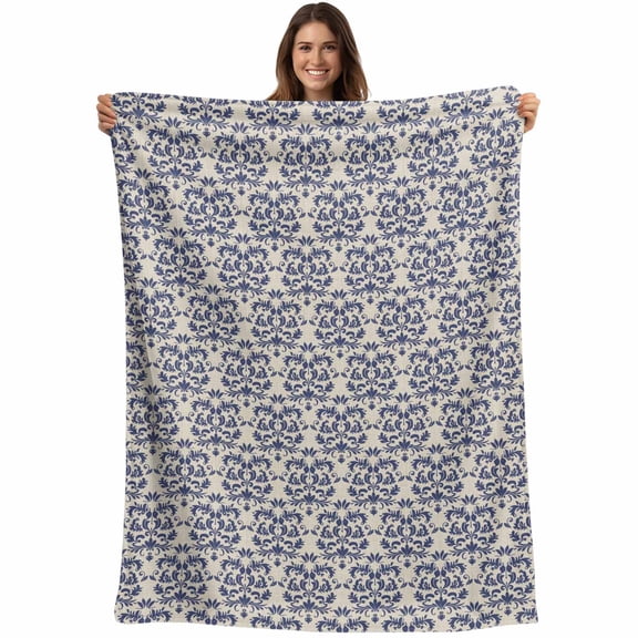 Navy Blue Baroque Blanket Soft Cozy Warm Twin Blanket for Bed, Plush Fuzzy Flannel Fleece Blankets for Sofa, Vintage Abstract Art Pattern Throw Blankets for Couch, Gifts for Men, 60"x80"