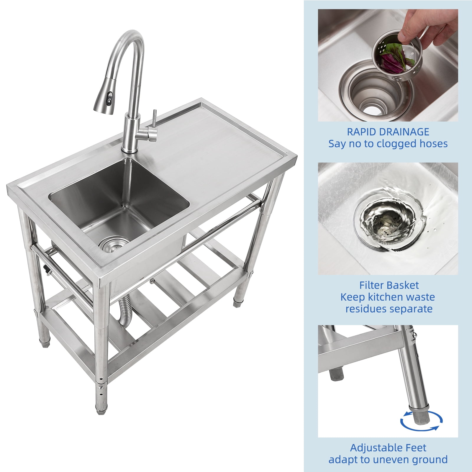 Huisuilinss Stainless Steel Sink Free Standing Single Bowl Kitchen Sink With Workbench Utility Sink With Hot & Cold Hoses For Laundry Room Farmhouse Bathroom Restaurant Garage