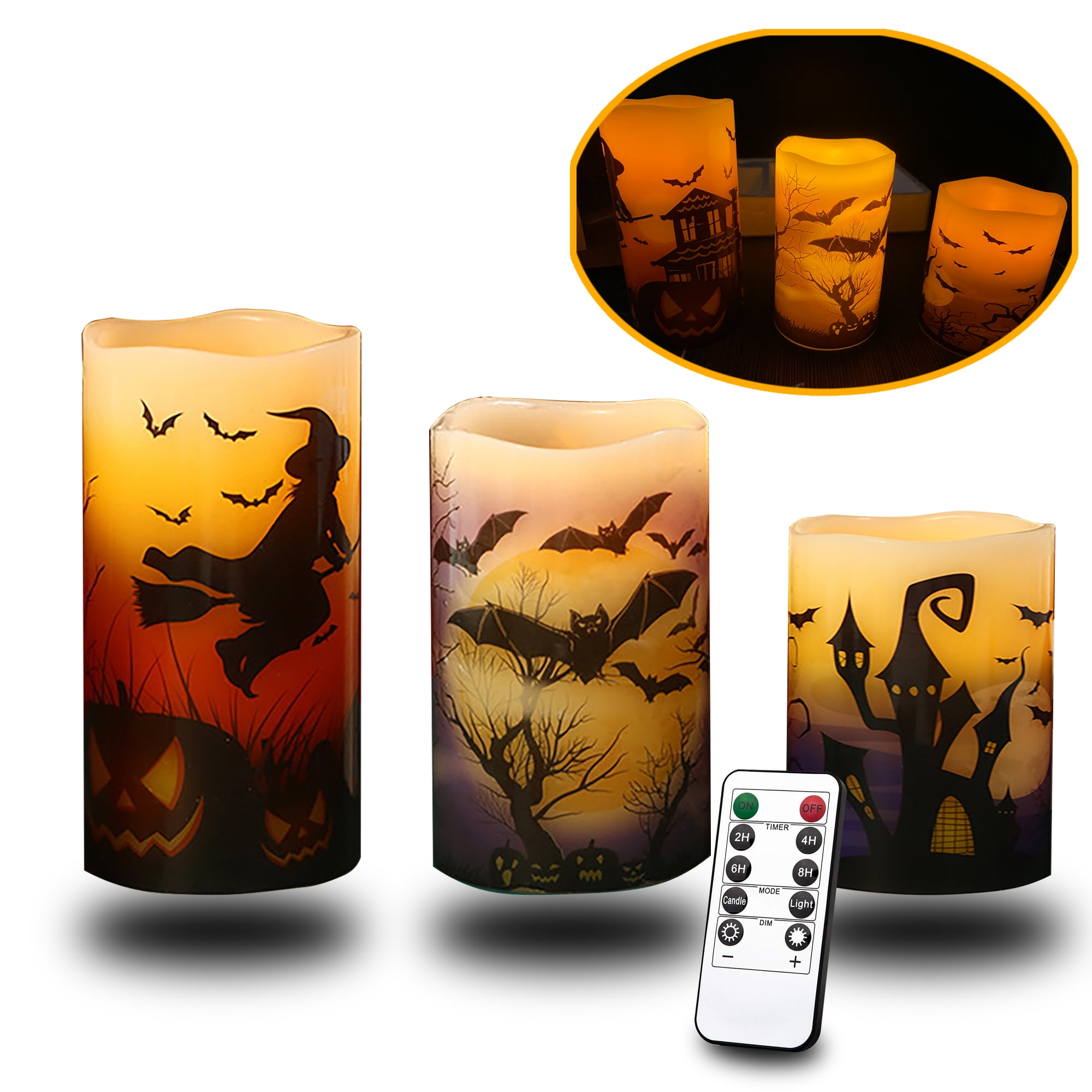 Smasener Halloween Flameless LED Candles with Remote, 3 Pcs Battery Operated Candles with 6 Hour