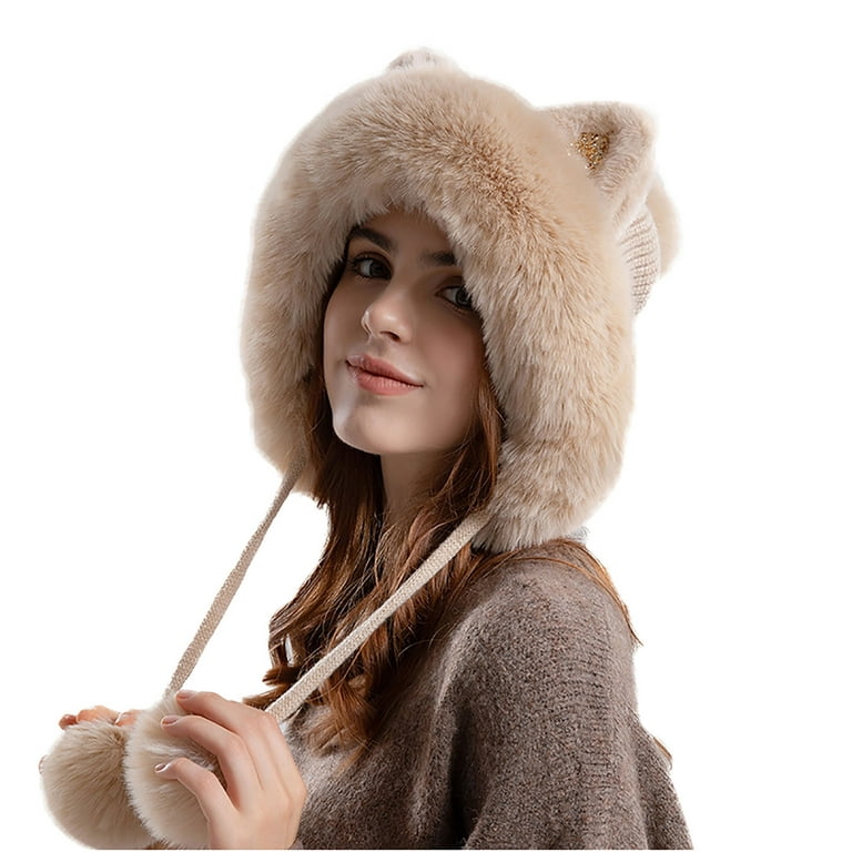 Viadha Women's Winter Knitting Hat Cute Ear Hair Ball Ear Protector Hood  with Velvet Thickened Thermal Cap