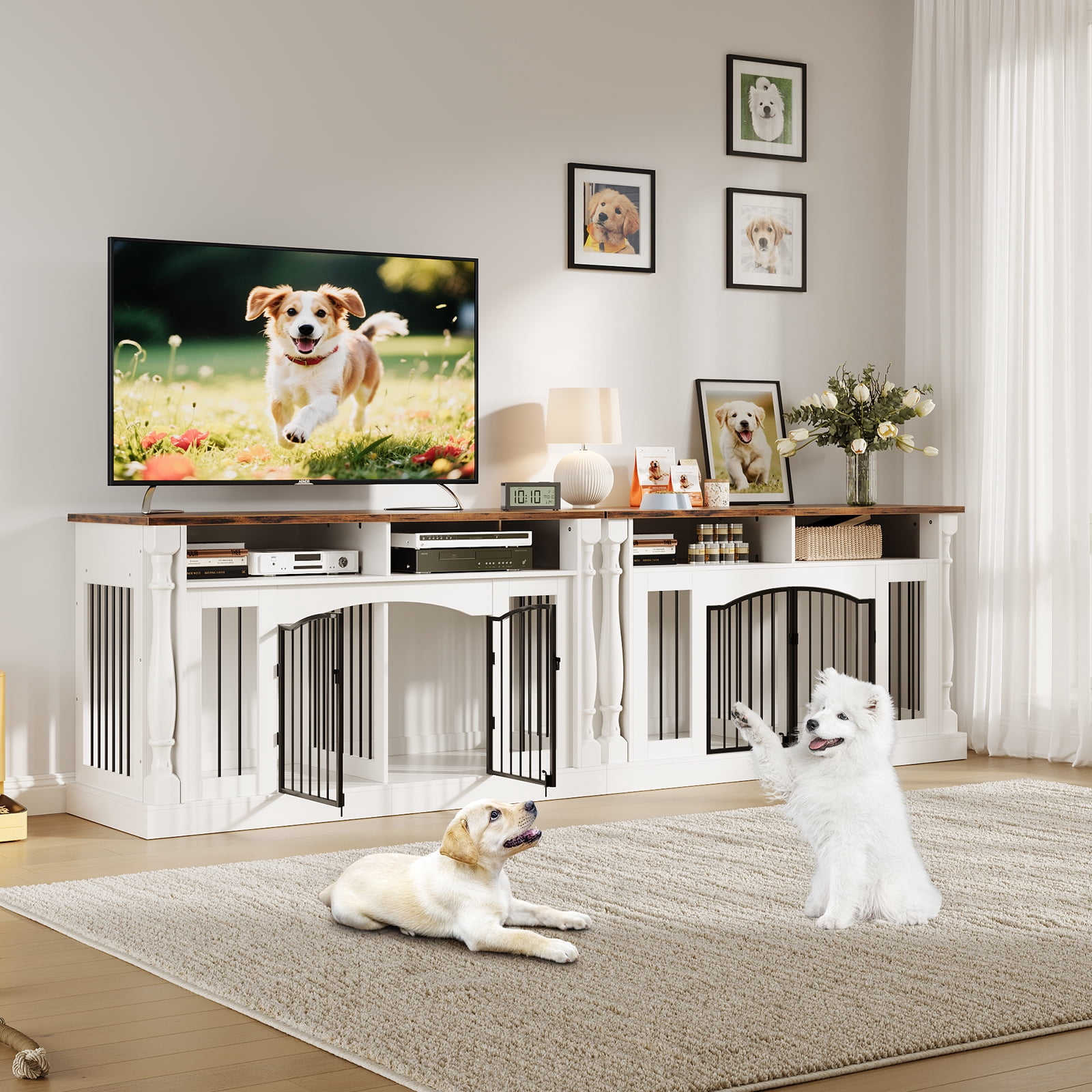 Heavy Duty Double Dog Crate Furniture for 2 Dogs - 63" Wooden Kennel with Roman Column Design - TV Stand & Open Storage, Sliding Barn Doors - For Small & Medium Breeds - Rustic Tiger Wood