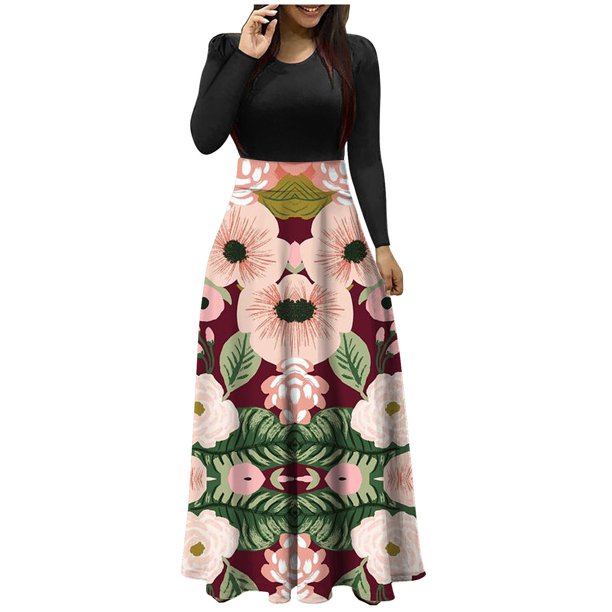 Vestido largo de manga larga con cuello redondo y estampado floral para mujer Pompotops hdfakjf4053