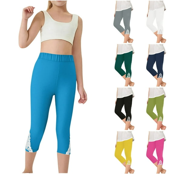 HaiMao Kids Floral Lace Stitching Capri Leggings Clearance, Elastic High Waisted Stretch Soft Cropped Capris Pants Yellow 12 Years