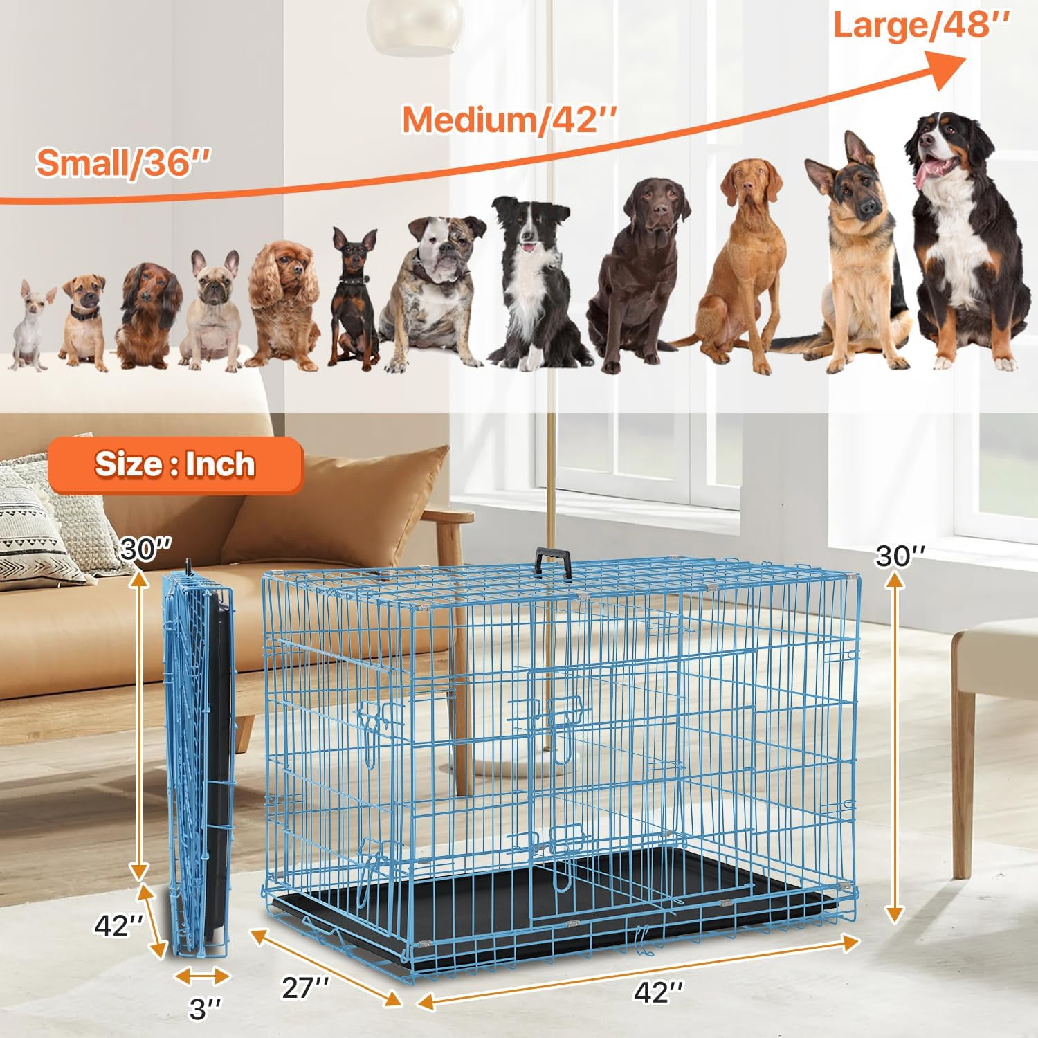 42 inch Dog Crate for Medium Large Dogs Folding Metal Dog Cage Kennel Double Door Pet Crate with Divider and Tray, Blue