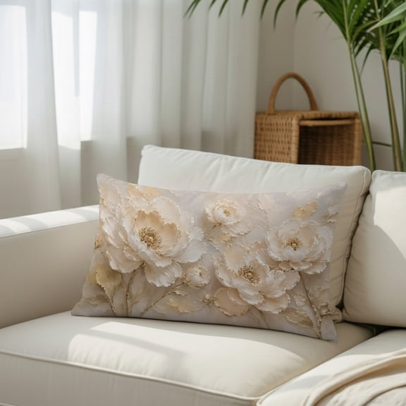 Boho White Peonies Flowers Throw Pillow Covers, Decorative Pillow Covers With Hidden Zipper Soft Brushed Microfiber Fabric, Country Floral Art Pillowcases for Couch Bed 12x20in