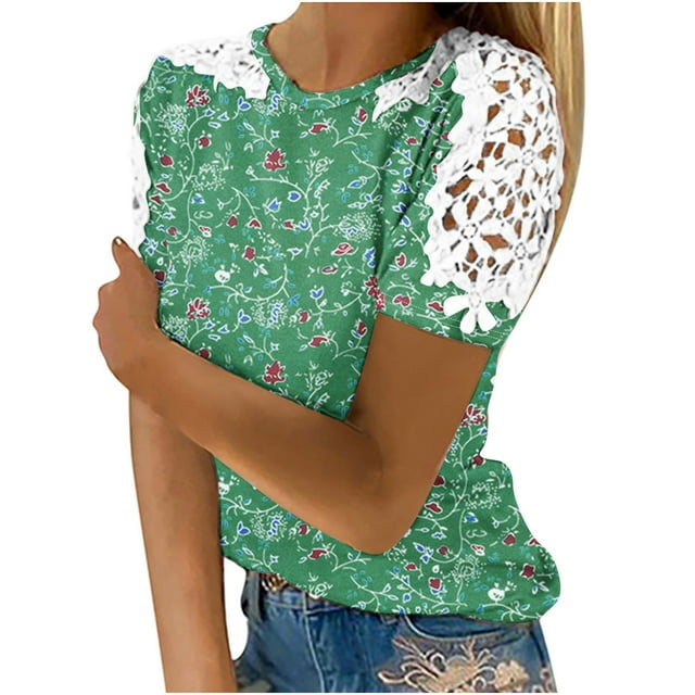 Birdeem Blouses pour Femmes Femmes Imprimé Manches Courtes Col Rond Chandail en Dentelle Hauts Chemises Blouse