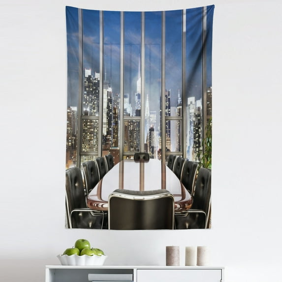 Office Tapestry, Business Office Conference Room Table Chairs City View at Dusk Realistic Photo, Fabric Wall Hanging Decor for Bedroom Living Room Dorm, 5 Sizes, Grey Black Blue, by Ambesonne