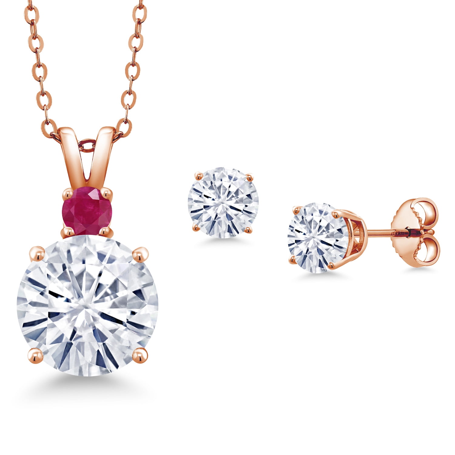 Gem Stone King 18K Rose Gold Plated Silver Round White Moissanite and Red Ruby Pendant and Earrings Jewelry Set for Women (5.25 Cttw, Gemstone Birthstone, with 18 inch Chain)