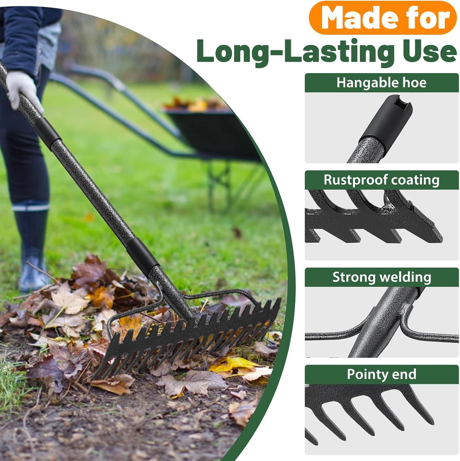 Garden Rake, 63 Inch Long Handle with 17 Tongs, Heavy Duty Metal Bow Rake for Loosening Leveling Soil, Leaf Raking Leaves Grass , Weeding, Yard Thatch Lawn Care Tool