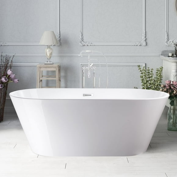 Vanity Art Non-Slip Freestanding Acrylic Soaking Bathtub with Overflow and Pop-Up Drain