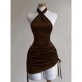thumbnail image 3 of Brown Velvet Criss-Cross Ruched Waist Bodycon Mini Dress, Sleeveless Halter Neck, 3 of 6