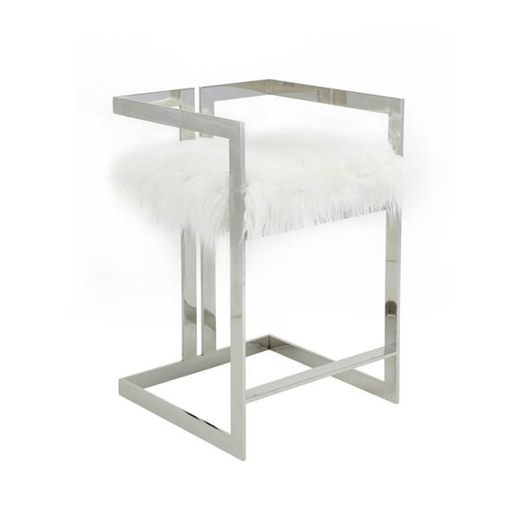 Pangea Home Kenzie 23.6" Stainless Steel & Faux Fur Counter Stool in White