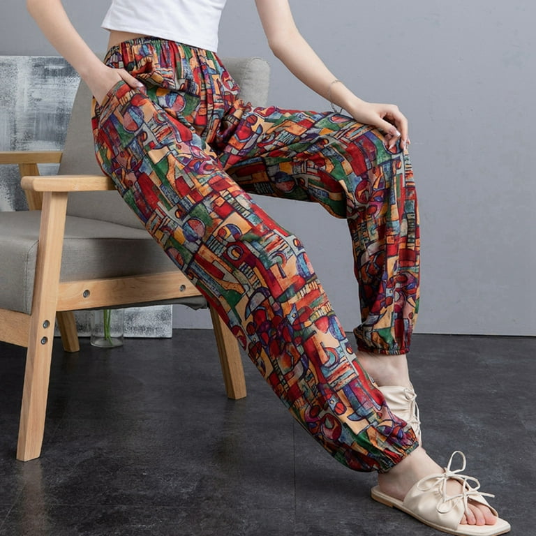 Women's Pants Boho Print Pants with Pockets High Waist Hippie Slim