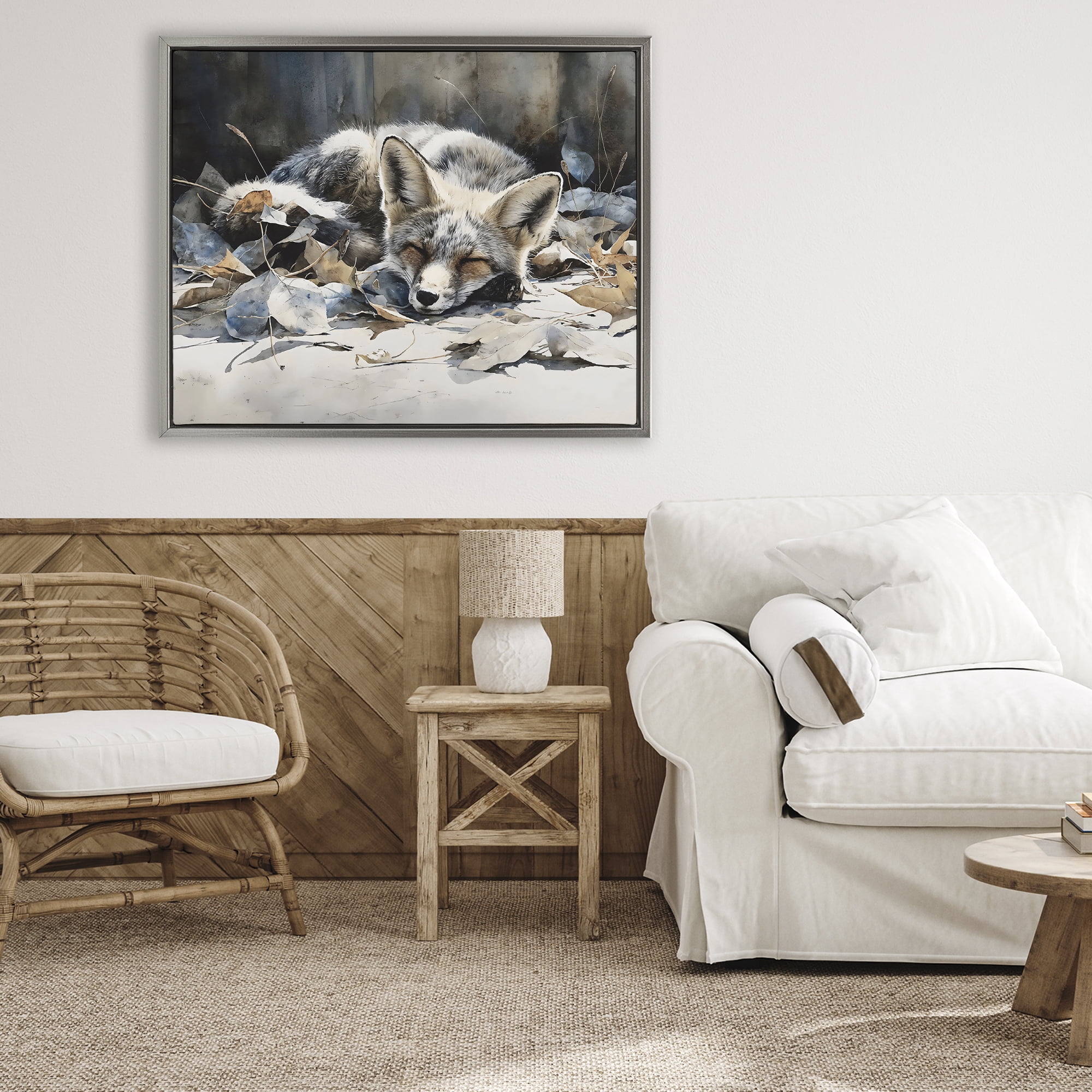 Stupell Industries Blue Fox Resting Among Leaves Gray Framed Floater Canvas Wall Art, design by Franklyn Gregory