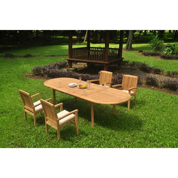 Grade-A Teak Dining Set: 4 Seater 5 Pc: 118" Double Extension Oval Table And 4 Wave Stacking Arm Chairs Outdoor Patio WholesaleTeak #WMDSWV10