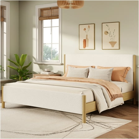 JERFIT White Boucle Fabric Platform Bed Frame with Wood Legs, Queen Size Upholstered Bed, No Box Spring Needed, Modern Luxury Bedroom Furniture