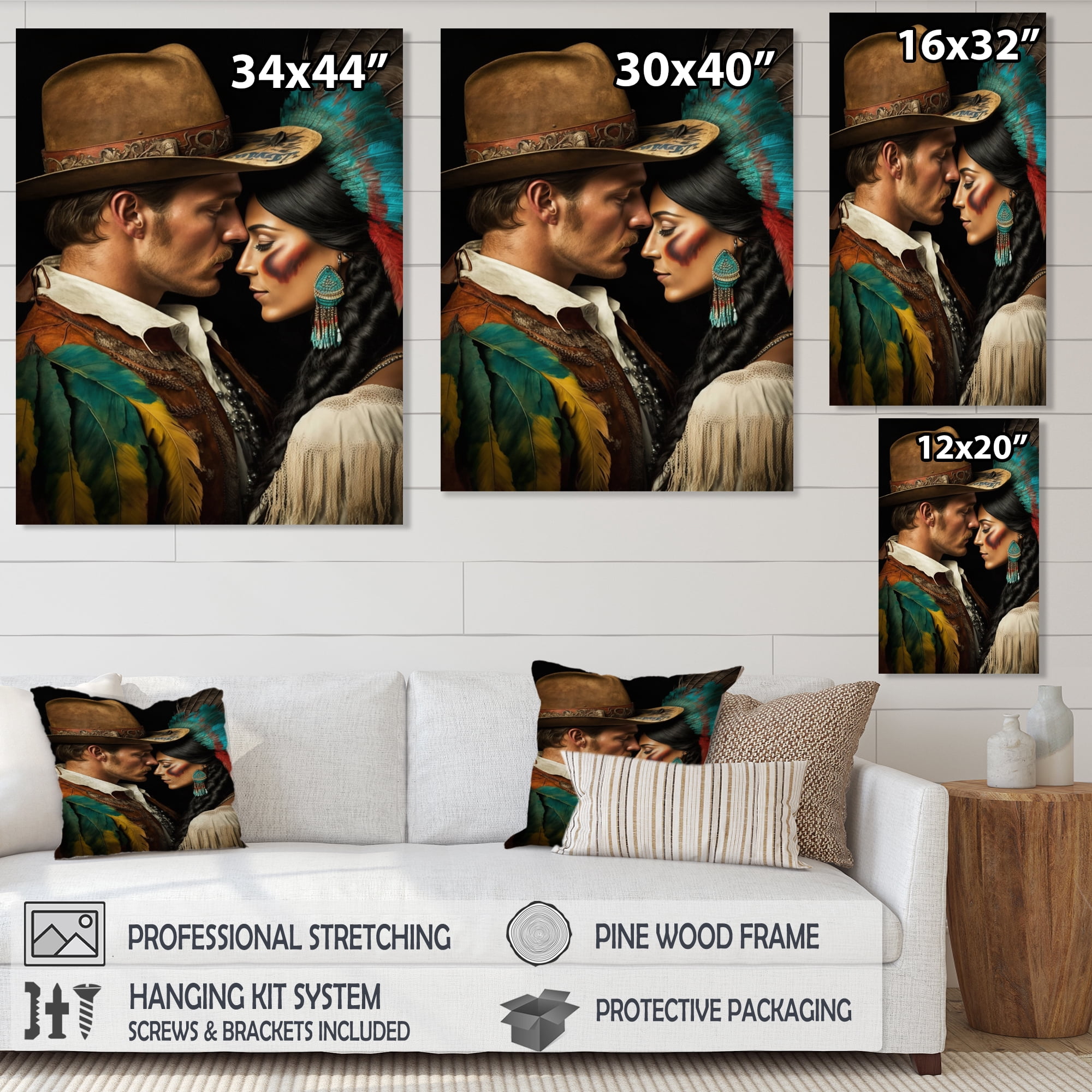 Designart Cowboy And An Indian Woman In Love I Canvas Wall Art