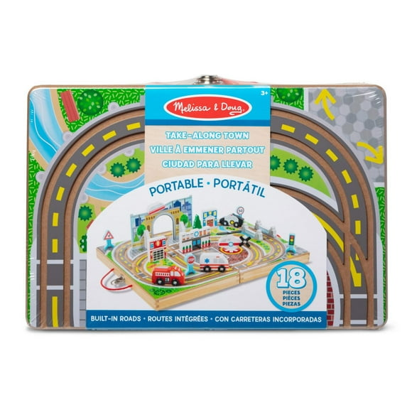 Melissa & Doug Ville de table en bois de 18 pièces, 4 véhicules de sauvetage, pièces de jeu, pont