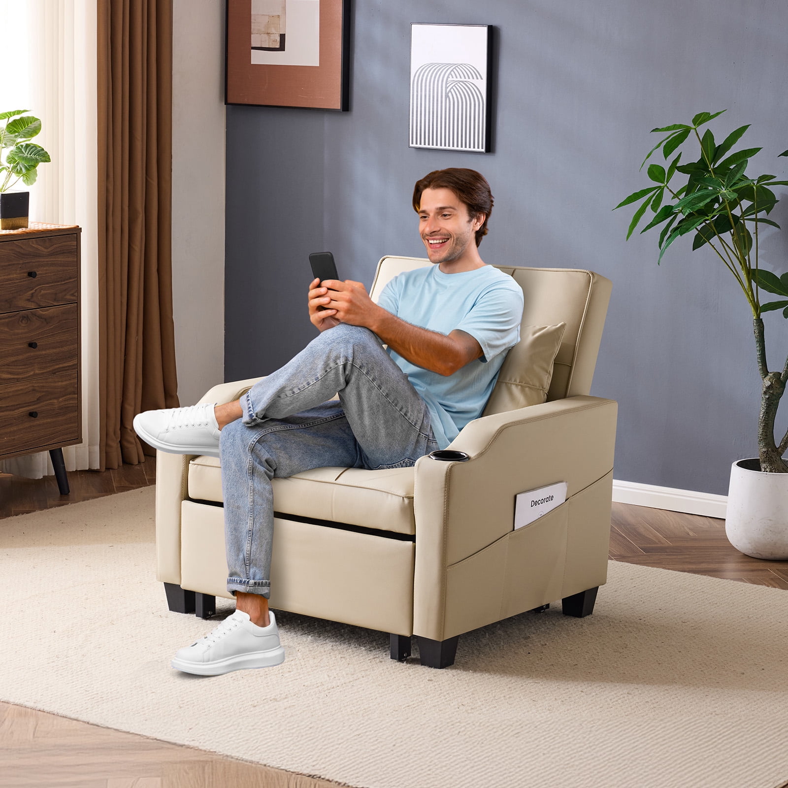Ktaxon Sleeper Sofa Bed Convertible Chair Faux Leather 3-in-1 Futon Sofa with Lumbar Pillow for Living Room Bedroom Office Apartment Furniture Beige