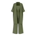 thumbnail image 6 of Mifsaly Two Piece Linen Sets for Women Open Front Long Cardigan and High Waisted Wide Leg Jumpsuits with Pockets Lightweight Flowy Summer Casual Vacation Matching Outfits Green,S, 6 of 8