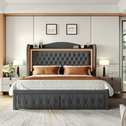 Homfa Queen Size LED Bed Frame with Storage Drawers, 54in Tall Velvet Upholstered Headboard Platform Bed with Wingback Buttons Headboard, Grey