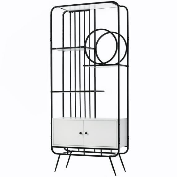 Paproos Tall Bookshelf with 2 Cabinets, Large Bookcase Freestanding Bookshelves with Black Metal Frame & Wooden Shelves, Display Shelf Unit Storage Organizer for Bedroom Living Room Office, White