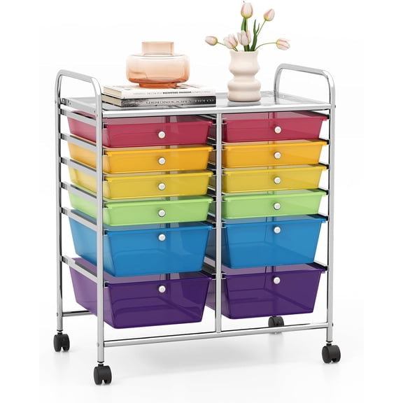 GOFLAME 12-Drawer Rolling Storage Cart, Multipurpose Organizer Cart with 2 Sizes Plastic Drawers, Mobile Utility Cart with Lockable Casters for School, Home Office, Beauty Salon, Multicolored & Clear