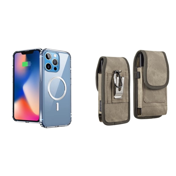 Ultra Clear Case (MagSafe Compatible) and Belt Holster Pouch for Apple iPhone 14 Pro Max (Black/Brown)