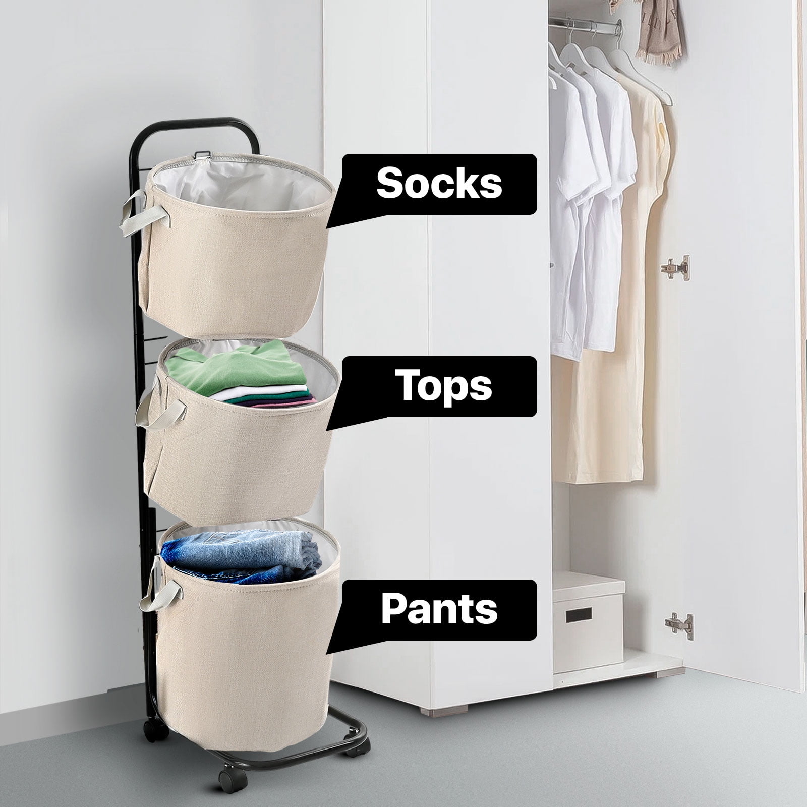 YOUPINS 3-Tier Laundry Hamper Sorter, Laundry Storage Organizer with Wheels Movable Rolling Laundry Baskets Cart, Bathroom Cart Clothes Shelf,Laundry Butler for Bathroom Bedroom Laundry Room, Beige