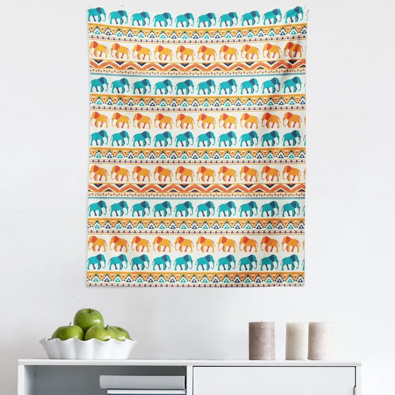 Animal Tapestry, Horizontal Borders with Exotic Animals Geometric Orient Design, Fabric Wall Hanging Decor for Bedroom Living Room Dorm, 5 Sizes, Turquoise Orange Cream, by Ambesonne