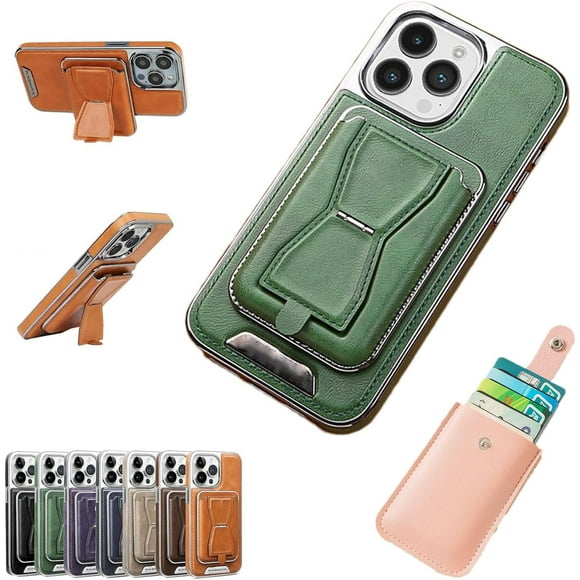 Symmetry Luxury Leather for iPhone Case with Removable Magnetic Tape, Leather Card Holder Phone Case, Phone Case with Card Holder (Green,14Pro)