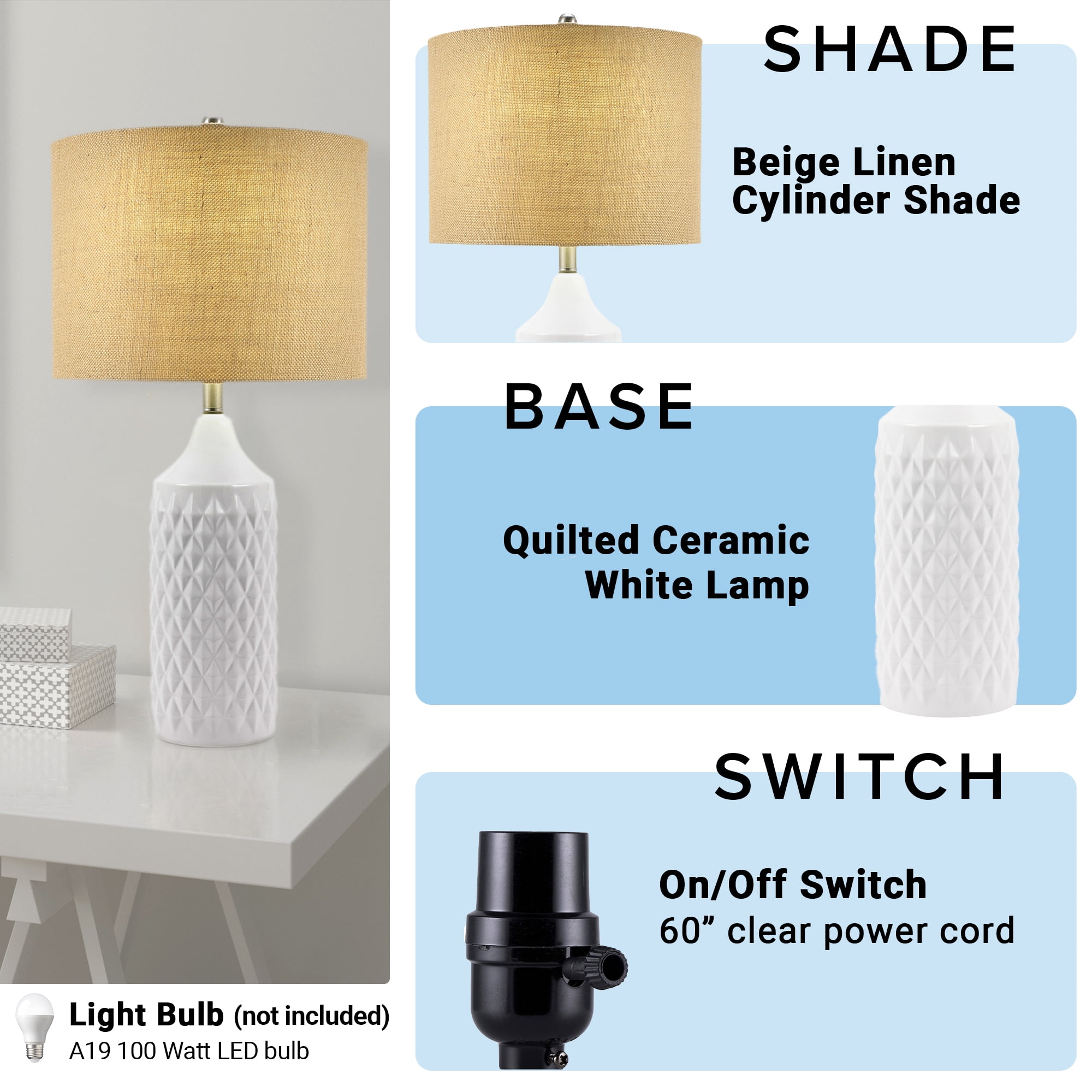 Cresswell Lighting 3-Way Quilted Ceramic Table Lamp with Natural Linen Drum Shade