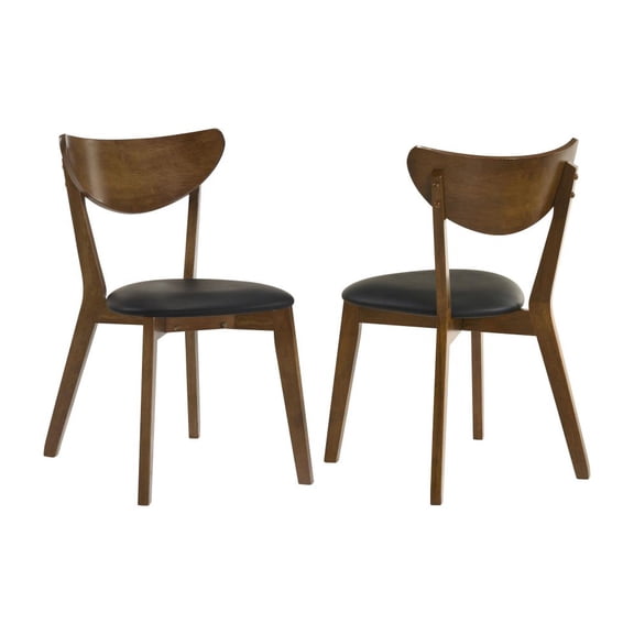 Set of 2 Dining Chairs With Black Leatherette Seat, Dark Walnut | Mid-century modern style, supportive curved backrest, durable rubberwood construction