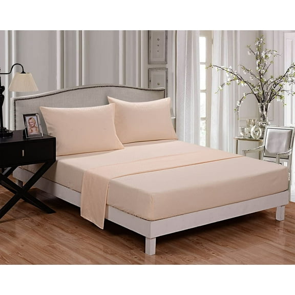 Microfiber Sheet Embossed Decor 4-Piece Set Bedding Fitted Sheet - Polyester - Full Size, Beige