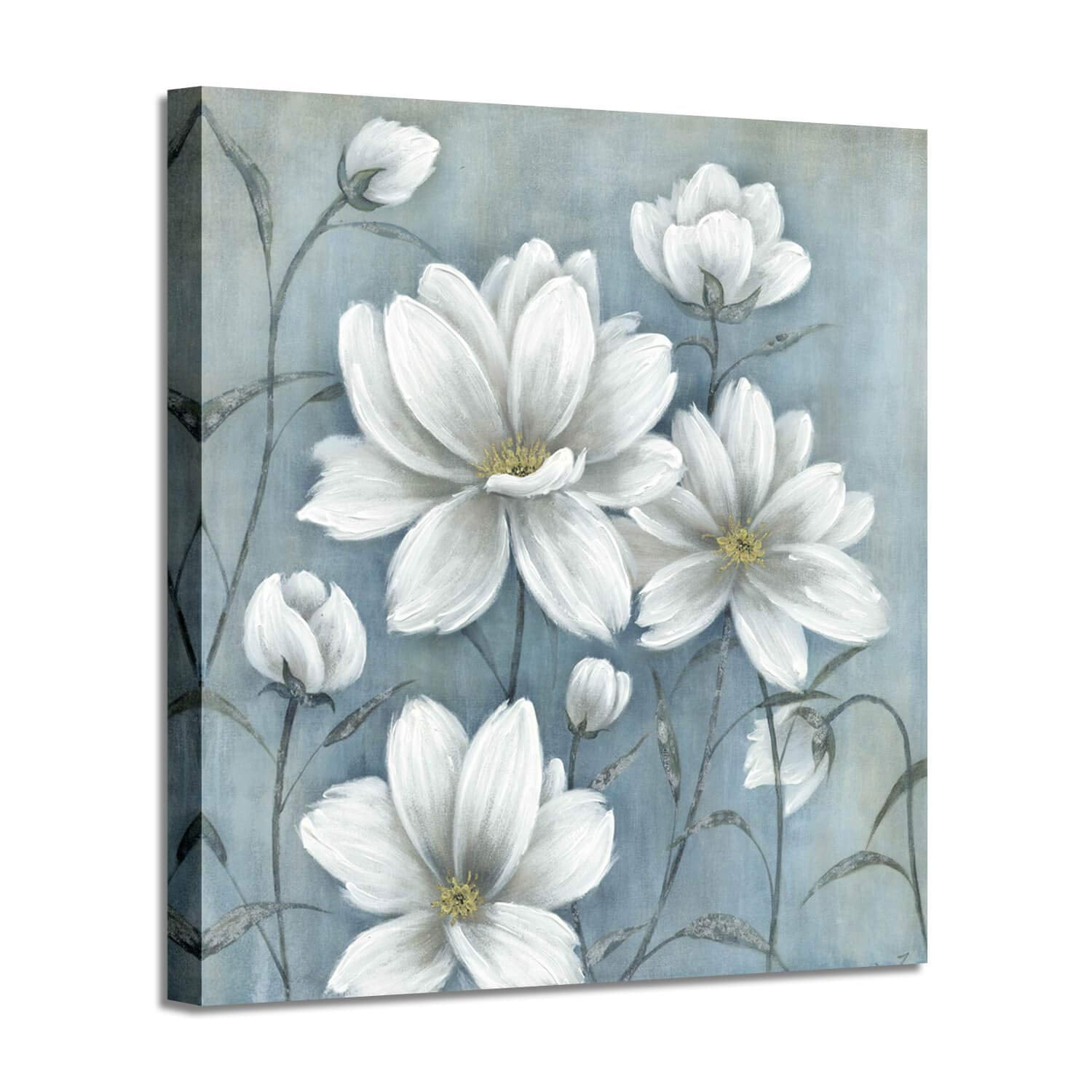 LIVEDITOR White Floral Artwork Print on Blue Canvas Wall Art, Magnolia  Flowers Canvas Picture Painting for Living Room (20