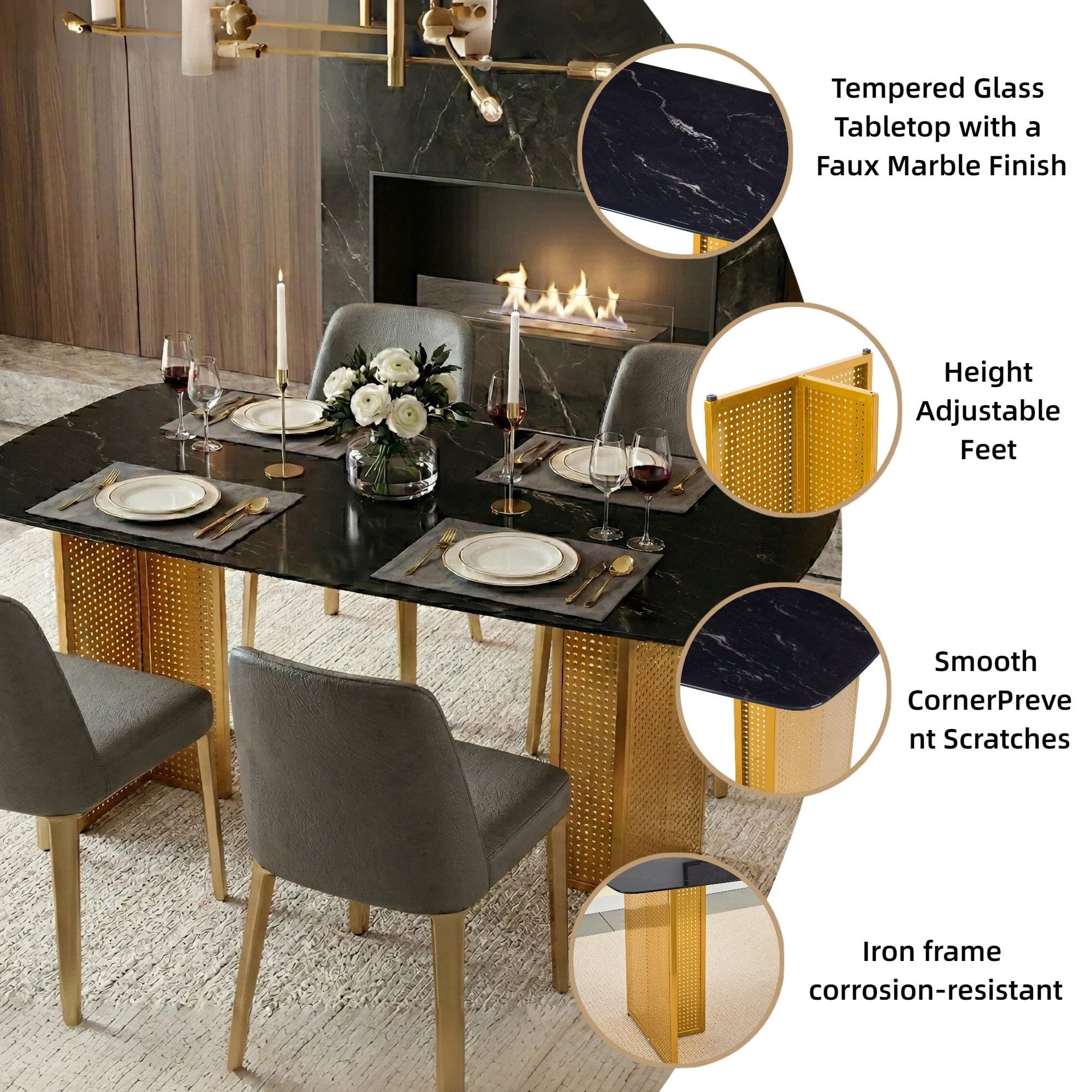 Euroco 51.2inch Glass Dining Table for 6,Rectangular Kitchen Table with Marble-Patterned Design and Metal Legs for Kitchen Living Room,Black