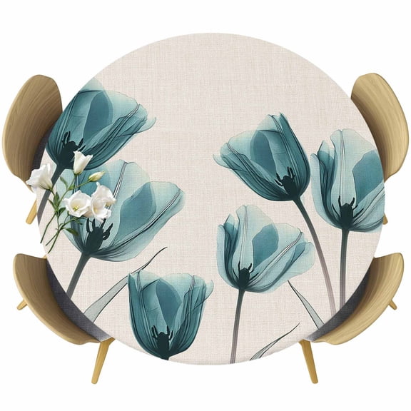Teal Tulip Round Fitted Table Cover Minimalist Modern Flower Art Linen Background Waterproof Table Cloth with Elastic Edge Wipeable Tablecloth for Picnic Camping Party Fits 36"-44" Diameter