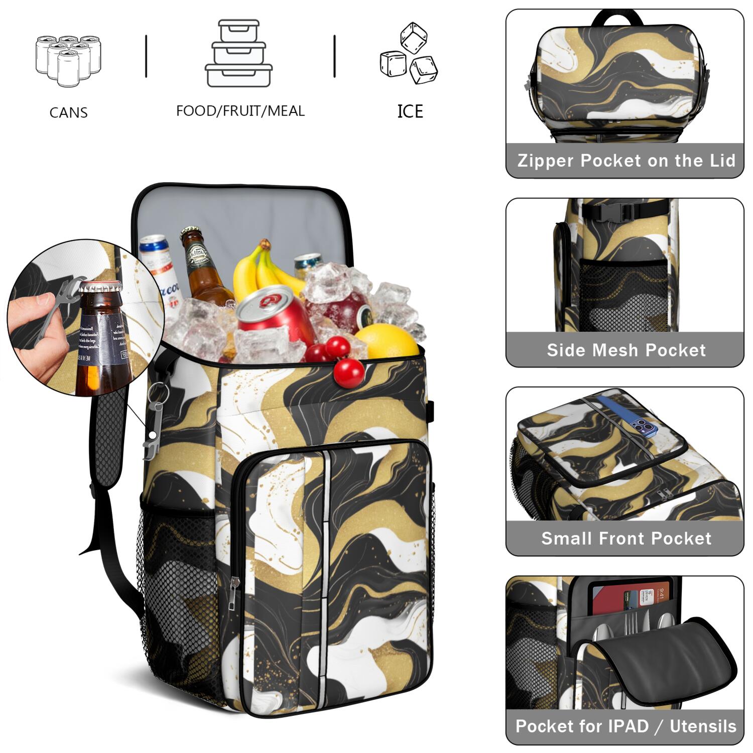 Travel Cooler Bag - Black White and Gold Marble Camping Beer Cooler Backpack with Bottle Opener- Waterproof Insulated Picnic Backpacks - Cooler Bag for Beach