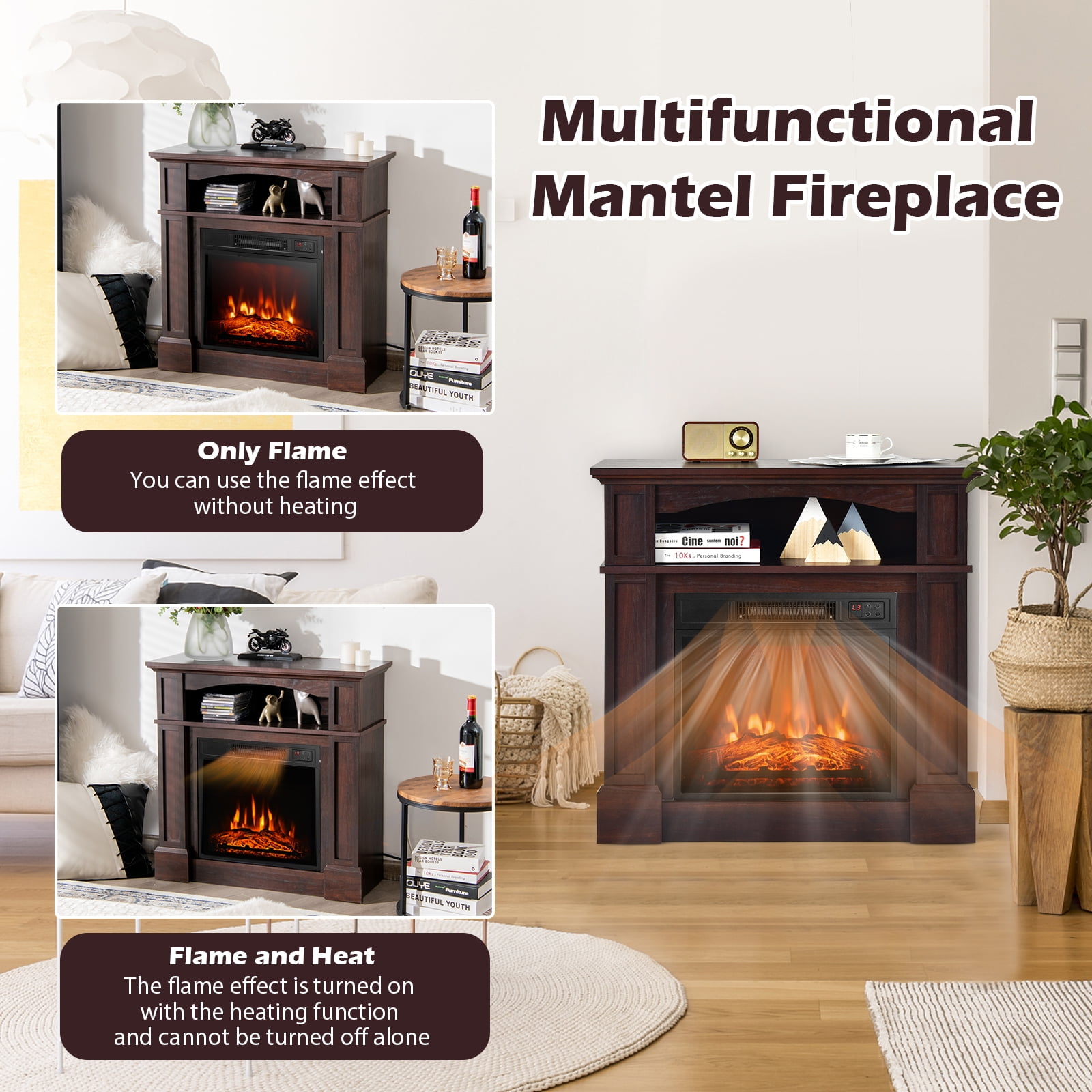 Topbuy 32" Electric Fireplace with Mantel 1400W Freestanding Heater with Remote Control & Adjustable Brightness Brown