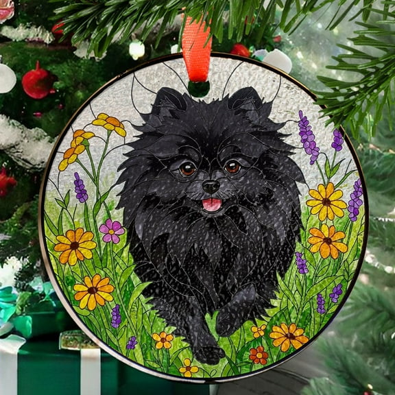 Black Pomeranian Wildflower Glass Suncatcher  Pomeranian Dog Window Hanging Gift for Dog Mom, Pet Memorial, Mother's Day Gift, Ornament 2025, Holiday Decoration, 2025, Festive
