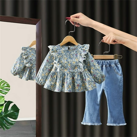 

ZVAVZ Today Deals Fashion Girls Casual Long Sleeve Tops Round Neck Collar Botton Jeans Long Pants Sets Toddler Baby Girls Outfits