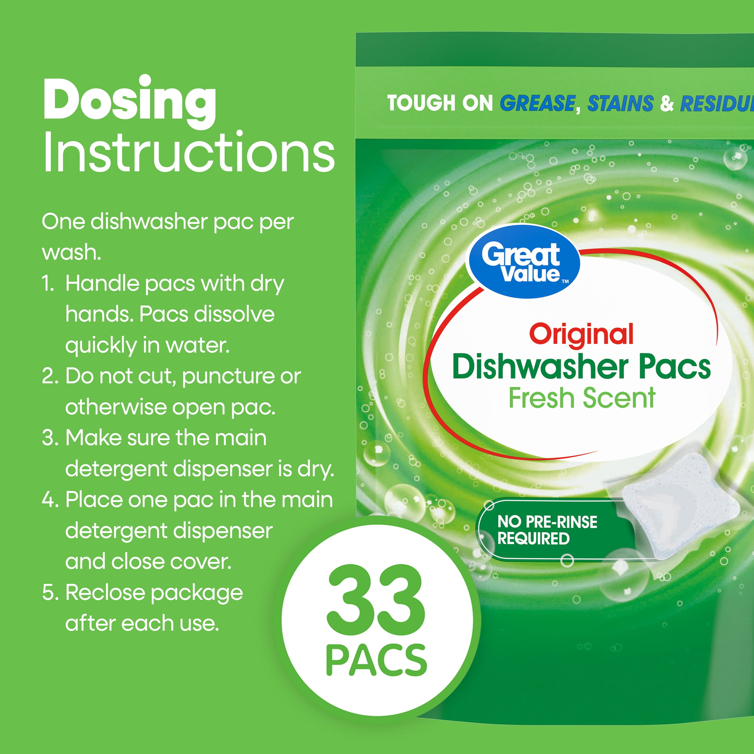 Great Value Original Dishwasher Pacs, Fresh Scent, 33 Count