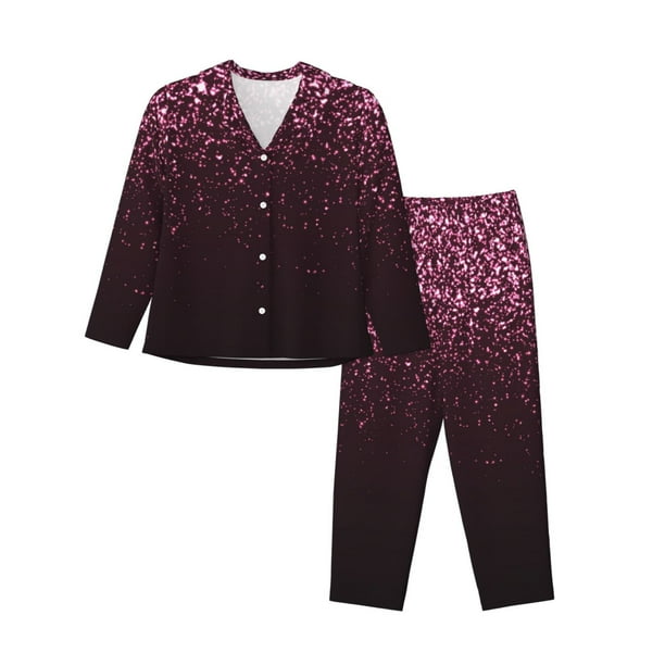 Fotbe Pink Glitter Sparkles A Conjunto de Pijama de Manga Larga para Mujer con Estampado, Ropa de Dormir de 2 Piezas, Conjunto de Casa Suave y Cómodo con Bolsillos-Large