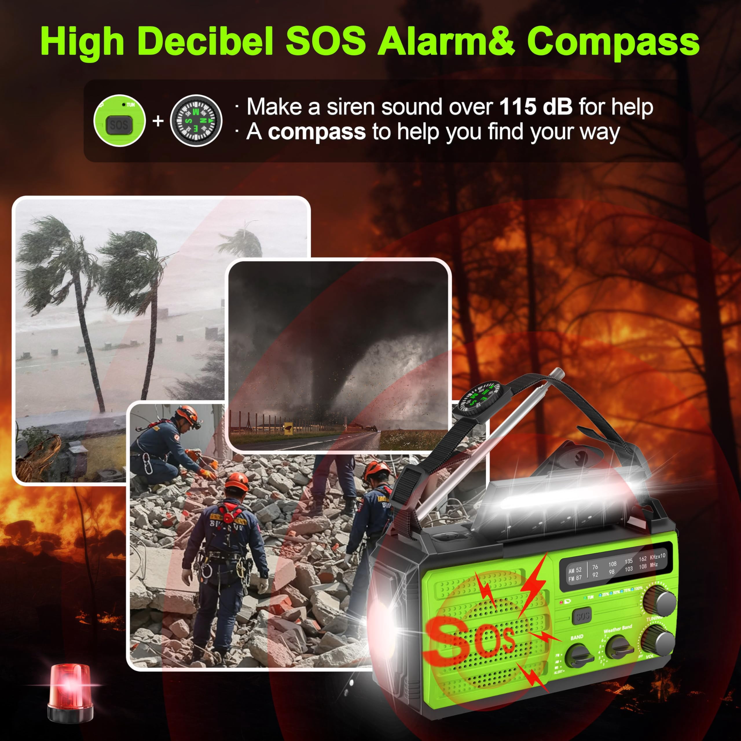 Emergency Radio With Solar & Hand Crank 22200mwh (6000mah) Noaa Weather Alert  Sos Alarm Am/fm Flashlight Compass For Tornado Winter Storm And Kits