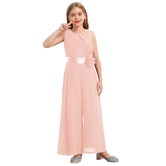 Nyeemya Girls Solid Color Sleeveless Chiffon Jumpsuit with Detachable Flower for Wedding Party Pink 16