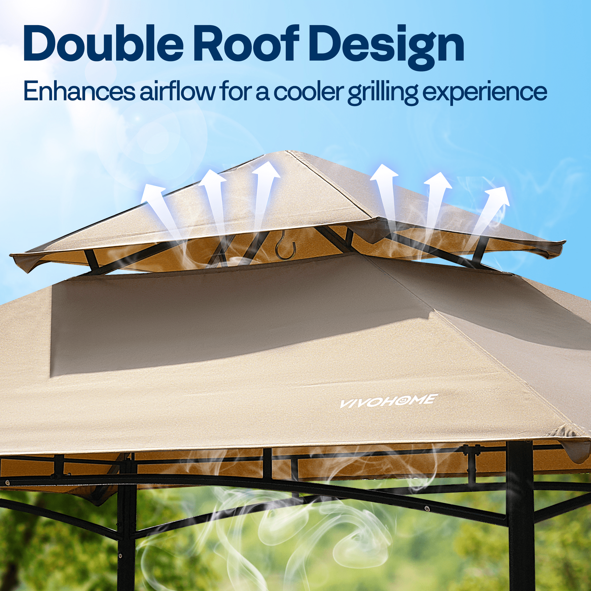 SPECSTAR 8' x 5' Grill Gazebo Canopy, Outdoor BBQ Gazebo Shelter with 2 Side Shelves & Double-Tiered Top, Taupe