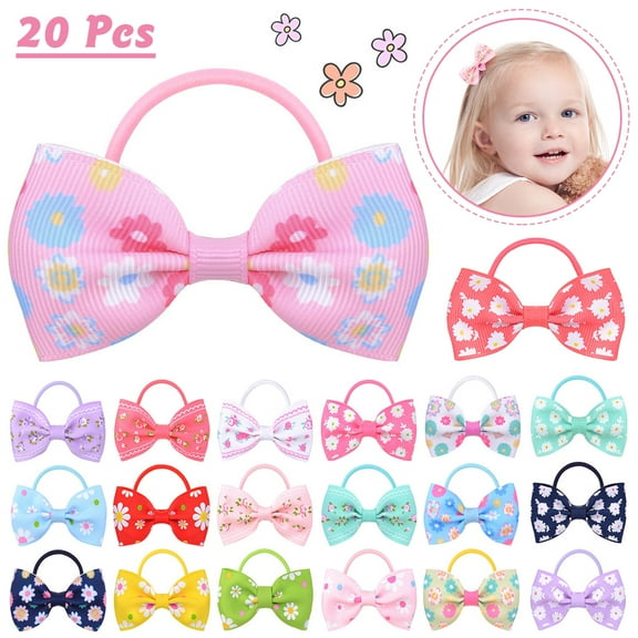 LNKOO 20 Colors Baby Girls Grosgrain Ribbon Hair Ties with Bows-2 Inch Elastic Ponytail Holders Small Hair Tiny Ties For Baby Toddlers Girls Infants Hair Accessories-Set of 20
