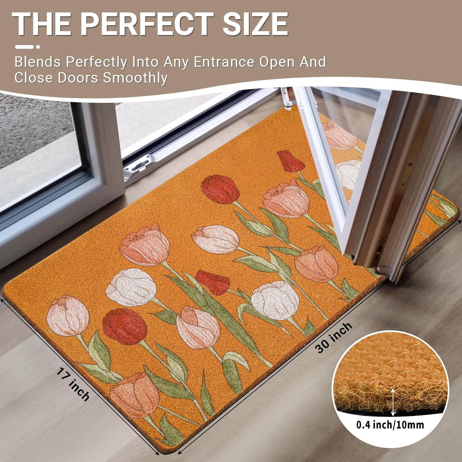 Red Pink White Tulip Coir Door Mat for Front Door, Spring Summer Flower Outdoor Welcome Mats for Entrance,Garden,RV,Patio,Home Porch Decor Doormat 30x17 Inch