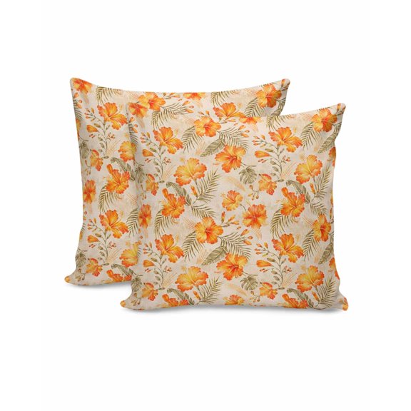 Set of 2 Summer Orange Flowers Pillow Covers 16x16 Inch, Tropical Island Vintage Palm Leaves Floral Decorative Throw Pillow Cases Cotton Cushion Covers for Sofa Couch Bed Living Room Bedroom Decor